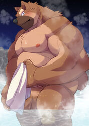 2020 anthro ass balls blush brown_body brown_fur canid canine canis domestic_dog flaccid fur genitals hi_res kemono male mammal moobs musclegut night nipples outside overweight overweight_anthro overweight_male penis shirosaru solo towel water wet