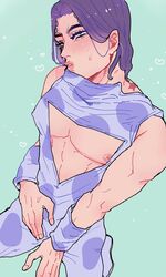 1boy abs blush cleavage_cutout clothed cow_print erect_nipples hand_on_penis jojo's_bizarre_adventure looking_at_viewer male_only nipple_slip nipples nipples_visible_through_clothing on_knees puckered_lips rikiel solo_male stone_ocean toned toned_male