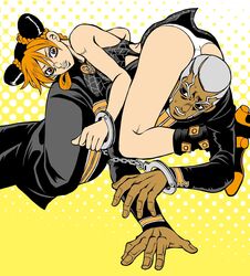 1boy 1girls cowgirl_position dark-skinned_male dark_skin enrico_pucci girl_on_guy handcuffs interracial jojo's_bizarre_adventure jolyne_kujo kidocch1 on_floor on_person on_stomach on_top panties stone_ocean straight upskirt white_panties