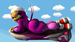 1girls 3d 3d_(artwork) anthro ass avian blue_eyes board breasts female glasses gloves hair hat hoverboard looking_at_viewer lying nude purple_body purple_feathers purple_hair smile solo sonic_(series) sonic_riders swallow_(bird) tail_feathers wave_the_swallow