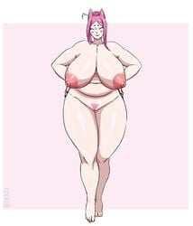 2017 animal_humanoid areola big_breasts bmxii breasts canid canid_humanoid canine canine_humanoid chubby_female digital_media_(artwork) ebreenu female fox_humanoid front_view full-length_portrait genitals hair hair_bun hands_on_hips huge_breasts humanoid light_body light_skin mammal mammal_humanoid navel nipples nude pink_areola pink_ears pink_hair pink_nipples portrait pubes pussy signature simple_background slightly_chubby solo standing