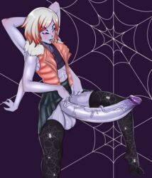 1boy 6_arms balls crossing_mao femboy girly large_penis male_only monster_boy purple_skin rache_sher'an skirt solo solo_male spider_humanoid thighhighs white_hair