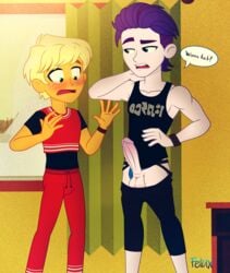 2boys balls blonde_hair dirk_thistleweed_(eg) equestria_girls erection felux friendship_is_magic gay green_eyes jockstrap jockstrap_aside looking_at_penis male_only my_little_pony pants_down penis penis_awe presenting_penis purple_hair ragamuffin_(eg) tank_top