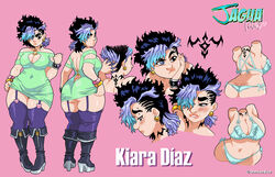 1girls ass_cleavage big_breasts black_eye blue_eye bubble_butt butt_crack character_sheet darkereve earrings eyebrow_piercing facial_expression female_focus female_only freckles_on_ass garter_belt_leggings garter_straps heterochromia high_heel_boots jagua_tales kiara_diaz light-skinned_female light_blue_lingerie light_green_clothing lingerie logo model_sheet pale-skinned_female pierced_eyebrow pink_background pout pouting purple_highlights small_dress solo solo_female solo_focus tattoo tattoo_on_neck thick_thighs watermark