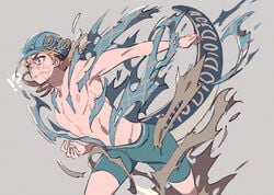 1boy blonde_hair boxer_briefs boxers bursting_clothes diego_brando dinosaur exploding_clothes helmet hybrid jojo's_bizarre_adventure lizard_tail long_hair male_only partially_clothed scary_monsters solo_male steel_ball_run surprised toned toned_male