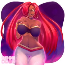 1girls ao-ry artist_name breasts busty cleavage commission dark-skinned_female dark_skin desire_the_genie eyelashes eyeshadow female genie hips hoop_earrings large_breasts lips lipstick red_hair solo upper_body voluptuous wide_hips