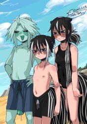 1boy 2girls animal_ears beach big_penis black_sclera female hightway_420 male male_swimwear male_swimwear_challenge mens_swimsuit_challenge one-piece_swimsuit precum small_breasts swimsuit tail topless