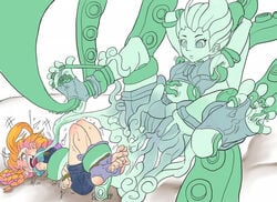 arms_behind_back bondage clothing feet illaoi laugh league_of_legends multiple_subs riot_games rope tentacle tentacle_between_toes tickle_torture tickling twomario_(artist) zoe_(league_of_legends)