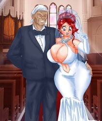 breasts bride busty canon_genderswap cleavage evil_grin eyeshadow father_and_son genderswap_(mtf) genma_saotome incest lipstick makeup ranma-chan ranma_1/2 ranma_saotome rule_63 saturnxart suit voluptuous wedding wedding_dress wedding_veil worried_expression