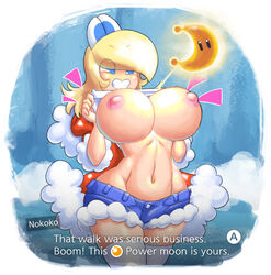 1girls big_breasts blonde_hair breast_size_edit breasts dialogue edit female female_only huge_breasts humanized koopa koopa_girl mario_(series) minus8 nintendo nokoko_(koopa) power_moon smile super_mario_odyssey wide_hips