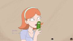 1boy 1girls adult_swim animated english_text female ferdafs ginger_hair hairband humor jessica_(rick_and_morty) licking licking_object lipstick long_hair longer_than_30_seconds morty_smith no_sound orange_hair pickle pickle_morty rick_and_morty rick_and_morty:_a_way_back_home short_hair simulated_fellatio sucking tagme transformation video