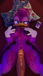 3d abs avian beak breasts female hair looking_at_viewer lying navel nipples nude palisal penis phone pillow purple_hair purple_nipples solo sonic_(series) sonic_riders wave_the_swallow