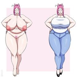 1:1 2017 animal_humanoid areola bare_shoulders big_breasts black_clothing black_footwear black_shoes blue_bottomwear blue_clothing blue_pants bmxii bottomwear breasts canid canid_humanoid canine canine_humanoid chubby_female closed_eyes clothing denim denim_clothing digital_media_(artwork) ebreenu female footwear fox_humanoid front_view full-length_portrait genitals hair hair_bun hands_on_hips huge_breasts humanoid jeans light_body light_skin mammal mammal_humanoid navel nipples nude pants pink_areola pink_background pink_ears pink_hair pink_nipples portrait pubes pussy shirt signature simple_background sleeveless_shirt slightly_chubby smile solo standing topwear white_clothing white_shirt white_topwear