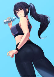 1girls absurdres ass bare_shoulders blush breasts brown_eyes from_behind highres kagematsuri large_breasts leggings licking_lips long_hair looking_at_viewer looking_back original pants pantylines ponytail purple_hair shiny shiny_clothes shiny_hair shiny_skin sideboob skin_tight smile solo sports_bra tight_pants water_bottle