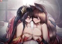 2girls amagi_(azur_lane) ambiguous_background animal_ear_fluff animal_ears artist_name azur_lane bangs bare_shoulders between_breasts between_legs black_hair black_panties black_underwear blunt_bangs blush breasts breasts_out_of_clothes brown_hair clavicle double_paizuri duo eyebrows eyebrows_visible_through_hair female female_only food fox_ear fox_tail full_color gdat hair_between_eyes hand_on_breast hand_on_chest hand_on_own_breast hand_on_own_chest huge_breasts ice_cream indoors kimono kitsunemimi licking light-skinned_female light_skin long_eyebrows long_hair looking_at_viewer mask mask_on_head multiple_girls multiple_paizuri multiple_tails on_side on_table one_side_up open_eyes paizuri paizuri_lead_by_female pantsu patreon_logo patreon_username purple_eyes red_eyes red_kimono sakura_empire_(azur_lane) suggestive_fluid table taihou_(azur_lane) tail thin_eyebrows tied_hair tongue tongue_out twintails underwear wafuku watermark window