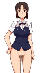 1futa balls black_eyes black_hair bottomless breasts chastity chastity_cage clothed clothing edit futa_only futanari hand_on_hip human karsarutobi_asumaru looking_at_viewer no_panties pale_skin partially_clothed penis shirafuji_kyouko short_hair simple_background small_penis solo third-party_edit white_background working!!