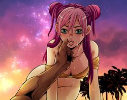 1boy 1girls after_sex all_fours beach beachside bikini bikini_top blush bottomless chin_grab dark-skinned_male dark_skin enrico_pucci first_person_view hand_on_chin holding_chin interracial jojo's_bizarre_adventure jolyne_kujo kidocch1 light-skinned_female looking_at_viewer male_pov midriff on_ground partially_clothed pov romantic romantic_couple stone_ocean straight sweatdrop unseen_male_face