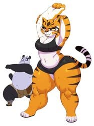 1boy 1girls anthro armpits arms_up ass big_ass big_breasts breasts bulge curvy fat_man female furry kung_fu_panda male master_tigress po shorts sports_bra sssonic2 sweat sweaty tail thick_thighs tiger tigress wide_hips workout_clothes