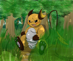 anthro balls belly blush bodily_fluids cum field foreskin fur genital_fluids genitals grass hindpaw male mammal moobs nintendo nipples overweight overweight_anthro overweight_male pawpads paws penis plant pokémon_(species) pokemon pokemon_(species) precum raichu rodemaru slightly_chubby solo sweat tongue tongue_out tree uncut video_games wet white_belly yellow_body yellow_fur