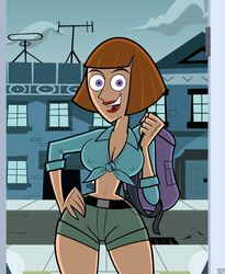 1girls 2010 accurate_art_style alternate_version_available backpack bag big_breasts breasts danny_phantom dlt erect_nipples female human knotted_shirt looking_at_viewer madeline_fenton nickelodeon nipples purple_eyes red_lipstick shorts