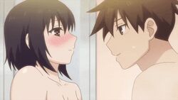 1boy 1girl animated bangs bathroom bathtub big_breasts black_hair blush bouncing_breasts brother brother_and_sister brown_eyes closed_eyes eye_contact gif hand_on_breast hand_on_knee happy happy_sex incest kissing kotone_shirakawa leg_lock overflow_(series) short_hair sister sitting_on_person smile