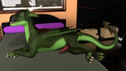 16:9 anus ass bed bedroom_eyes dirtydragons dragon erection feral furniture genitals green_body green_scales hi_res lying male narrowed_eyes penis red_eyes relaxing scales scalie seductive smile solo tyris_indrast western_dragon widescreen