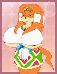 big_breasts breasts closed_eyes clothed clothing crescent-blue-zero echidna female hi_res huge_breasts mammal mobian_(species) monotreme sega smile solo sonic_(series) sonic_adventure sonic_the_hedgehog_(series) standing tikal_the_echidna under_boob