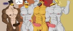 4boys abs absurd_res anatid anseriform anthro avian balls beak bird chicken clothing cross-popping_vein digital_media_(artwork) disney duck ducktales ducktales_(2017) english_text falcon falcon_graves falconid feathers galliform gallus_(genus) genitals group hair hat head_crest headgear headwear hi_res humanoid_genitalia humanoid_penis klr-rio launchpad_mcquack looking_at_viewer male male_only muscular muscular_male nipples nude penis phasianid simple_background speech_bubble steelbeak stork storkules text vein