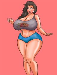 bimbo blue_shorts brown_hair grey huge_breasts saturnxart tanned_skin thick_thighs