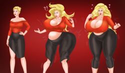 1girls ass_expansion big_hair big_hips bimbo bimbofication black_skirt black_yoga_pants blonde_hair blue_pupils breast_expansion busty curvy huge_breasts looking_at_viewer looking_pleasured milf pawg red_shirt saturnxart sequence venus_body voluptuous yoga_pants