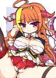 :3 absurdres ahoge bangs black_legwear blonde_hair blush bow braid breasts brooch brown_hairband censored cleavage closed_mouth cum cum_on_body cum_on_breasts cum_on_clothes dragon_girl dragon_horns dragon_tail eyebrows_visible_through_hair eyes_visible_through_hair female fingernails furrowed_eyebrows hairband hand_up highres holoforce hololive hololive_japan horn_bow horns jewelry kiryu_coco long_hair long_sleeves medium_breasts multicolored multicolored_eyes multicolored_hair multicolored_horns nail_polish no_panties orange_eyes orange_hair orange_horns outline pink_nails pleated_skirt pointy_ears purple_eyes purple_horns red_skirt side_braid single_thighhigh skindentation skirt smile solo spread_legs streaked_hair striped striped_bow tail tail_raised tenkasu_(aster4545) thigh_strap thighhighs thighs twitter_username two-tone_hair very_long_hair virtual_youtuber white_outline