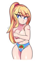 1girls bbycheese blonde_hair blue_eyes breasts covered_nipples female female_focus female_only metroid samus_aran topless topless_female