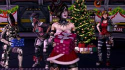 1boy 3d 3girls bandaid bandaid_on_face big_breasts borderlands borderlands_2 borderlands_3 breast_tattoo brown_eyes brown_hair christmas_decorations christmas_ornaments christmas_outfit christmas_present christmas_presents christmas_tree cleavage clothed clothed_female clothing eyewear_on_head female fingerless_gloves gaige_(borderlands) gloves goggles goggles_on_head green_eyes hat lorelei_(borderlands) mad_moxxi male milf new_year orange_hair present presents prosthetic prosthetic_arm prosthetic_limb sfm source_filmmaker tattoo venom_rhys wrench yellow_goggles zer0