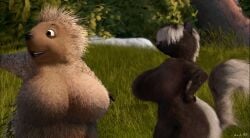 anthro big_breasts breasts dreamworks hips hips_grab over_the_hedge paramount_pictures penny_(over_the_hedge) porcupine screencap screenshot screenshot_edit skunk skunk_girl skunk_tail stella_(over_the_hedge) venjiiart