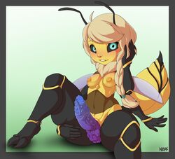 absurd_res antennae_(anatomy) anthro arthropod bee better_version_at_source bite biting_lip biting_own_lip black_sclera blonde_hair blush braided_hair breasts ellie_(psittacinekane) erection fingers futanari genitals gynomorph hair hand_on_leg hand_on_thigh hi_res hymenopteran insect_wings insects intersex kektails looking_at_viewer multi_arm multi_limb neck_tuft nipples non-mammal_breasts nude penis self_bite simple_background sitting small_nose solo spread_legs spreading stinger touching_hair tuft wings yellow_body