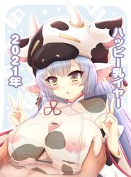 1boy 1girls 2021 :o animal_costume animal_ears animal_print areolae baby_face balls bangs blue_hair breasts cow_ears cow_girl cow_hat cow_horns cow_print curvy draph earrings erect_nipples erection eyebrows_visible_through_hair female granblue_fantasy highres horns huge_breasts jewelry kane-neko male new_year nipples paizuri paizuri_under_clothes penis pointy_ears shatola_(granblue_fantasy) solo straight upper_body year_of_the_ox