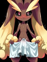 1boy black_background black_sclera blush bodily_fluids brown_body brown_fur chobonolly cum erection_under_towel feral fur genital_fluids genitals hi_res lopunny male male_lopunny male_only male_pokemon nintendo penis pokémon_(species) pokemon pokemon_(species) red_eyes shaded simple_background solo solo_male tears tenting towel video_games