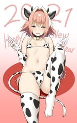 1boy 2021 arm_gloves armwear astolfo_(fate) bare_shoulders bell belly bikini braid braids bulge choker cow_ears cow_horns cow_print cow_tail cute fate_(series) femboy girly heart-shaped_pupils looking_at_viewer new_year peace_sign red_hair sky_(freedom) smile stomach symbol-shaped_pupils thick_thighs thigh_highs thighhighs thighs trap tummy yaoi year_of_the_ox