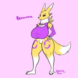 1:1 anthro armwear big_breasts black_sclera blue_eyes bottomless breasts cleavage_cutout clothed clothing digimon digimon_(species) eyebrows female fingers genitals hi_res looking_at_viewer pussy renamon retr0foxx solo