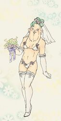 1girls bouquet bride earrings female_only gloves green_hair high_heels jojo's_bizarre_adventure long_gloves panties pesci rule_63 solo solo_female thighhighs vento_aureo wedding_dress wedding_lingerie wedding_veil white_panties