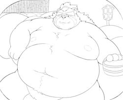 2021 anthro balls belly canid canine genitals goemon_(tas) hi_res kemono kwzu male mammal monochrome moobs nipples obese overweight overweight_male raccoon_dog solo tanuki tokyo_afterschool_summoners video_games