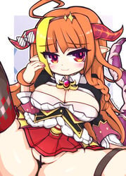 :3 absurdres ahoge bangs black_legwear blush bow braid breasts brooch brown_hairband censored cleavage closed_mouth dragon_girl dragon_horns dragon_tail eyebrows_visible_through_hair eyes_visible_through_hair female fingernails furrowed_eyebrows hairband hand_up highres holoforce hololive hololive_japan horn_bow horns jewelry kiryu_coco long_hair long_sleeves medium_breasts multicolored multicolored_eyes multicolored_hair multicolored_horns nail_polish no_panties orange_eyes orange_hair orange_horns outline pink_nails pleated_skirt pointy_ears purple_eyes purple_horns red_skirt side_braid single_thighhigh skindentation skirt smile solo spread_legs streaked_hair striped striped_bow tail tail_raised tenkasu_(aster4545) thigh_strap thighhighs thighs twitter_username two-tone_hair very_long_hair virtual_youtuber white_outline yellow_eyes