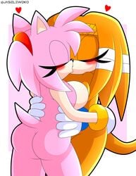 amy_rose ass blush closed_eyes echidna eyelashes female female/female heart hedgehog jasielewdko jasienorko kissing orange_body orange_hair pink_body pink_hair small_tail sonic_(series) tail tape tikal_the_echidna yuri