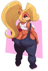 1girls ass ass_cleavage big_ass big_butt blonde_hair bottom_heavy bubble_ass bubble_butt butt butt_crack coco_bandicoot computer crash_(series) crash_bandicoot_(series) electronics exposed_ass fat_ass female fully_clothed furry furry_only green_eyes huge_ass huge_butt laptop long_hair looking_at_viewer looking_back narrowed_eyes no_panties orange_fur overalls ponytail sideboob sony_corporation sony_interactive_entertainment sssonic2 tank_top the thick thick_ass yellow_hair