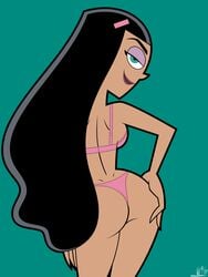 accurate_art_style alternate_version_available ass black_hair blue_eyes bra breasts danny_phantom dlt female female_focus female_only hand_on_hip looking_at_viewer looking_back nickelodeon panties paulina_sanchez pink_bra pink_thong thong