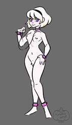 black_and_white bondage collar female_only hairband holding_leash homestuck leash pierced_nipples pumpkinsmut purple_hair rose_lalonde small_breasts solo_female