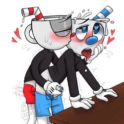 <3_eyes 1:1 anal anal_sex animate_inanimate balls big_nose blue_bottomwear blue_clothing blue_eyes blue_nose blue_shorts bodily_fluids bottomwear brother brothers closed_eyes clothed clothing cup cuphead cuphead_(game) daddychaarlie drooling duo for_a_head gay genital_fluids genitals gloves grey_balls grey_body grey_penis handjob handjob_while_penetrating handwear heart hi_res humanoid incest kissing kissing_cheek looking_pleasured male male/male male_penetrated male_penetrating male_penetrating_male motion_blur mugman object_head open_bottomwear open_clothing open_pants pants pants_down partially_clothed penetration penile penis penis_grab reach_around red_bottomwear red_clothing red_nose red_shorts saliva sex shaking shorts shorts_down sibling simple_background standing straw sweat teeth tongue tongue_out trembling video_games white_background white_clothing white_gloves yaoi