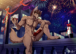 2020 alcohol animal_genitalia animal_penis anthro arm_on_knee athletic athletic_anthro athletic_male balls beverage black_nose brown_hair canid canine canine_penis canis casual_nudity celebration chest_scar digital_media_(artwork) erection fireworks fur genitals grey_body grey_fur grin hair hazakyaracely holding_beverage holding_object holidays inner_ear_fluff inviting knot looking_at_viewer male male_only mammal navel new_year night nils_rinkan nude on_rail pecs penis red_penis scar sitting smile solo teeth tuft wine wine_bottle wine_glass wolf