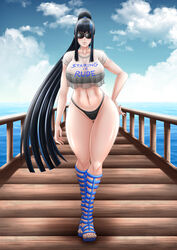 1girls alternate_costume ass ass_visible_through_thighs bangs big_breasts bikini bikini_bottom black_bikini black_hair blue_hair blush breasts cleavage clothing cloud collarbone crop_top curvy english_text eyebrows_visible_through_hair eyewear female female_focus female_only full_body g-string gladiator_sandals hand_on_hip highres hips human kill_la_kill kiryuuin_satsuki large_breasts legwear lips long_hair looking_at_viewer multicolored_hair navel ocean outdoors pinup ponytail revealing_clothes sandals shiny_skin short_sleeves skimpy solo solo_female sunglasses swimsuit t-shirt takilmar text thick_thighs thighs thong tied_hair tinted_eyewear transparent_clothing tubetop two_tone_hair very_long_hair voluptuous water wide_hips
