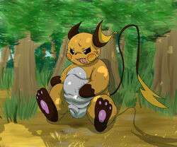 anthro balls belly blush bodily_fluids cum field foreskin fur genital_fluids genitals grass hindpaw male mammal moobs nintendo nipples overweight overweight_anthro overweight_male pawpads paws penis plant pokémon_(species) pokemon pokemon_(species) precum raichu rodemaru slightly_chubby solo sweat tongue tongue_out tree uncut video_games wet white_belly yellow_body yellow_fur